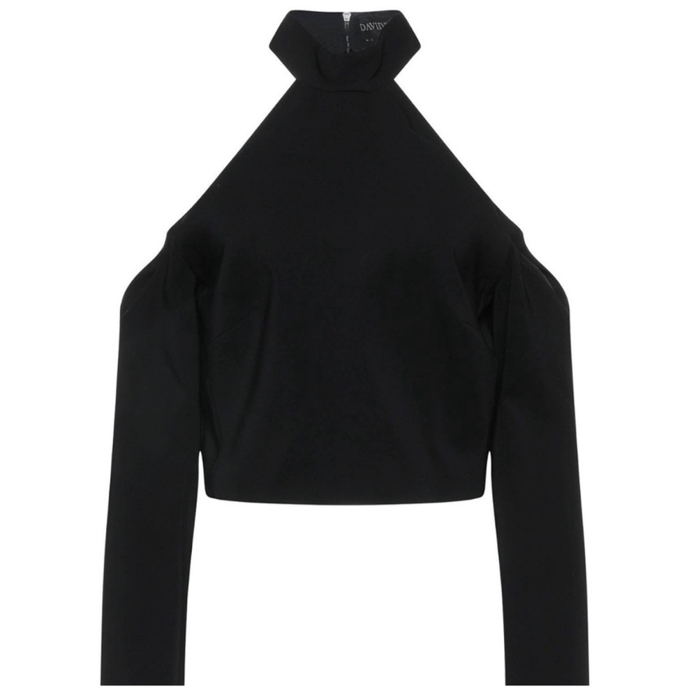 DAVID KOMA BLACK CROP EXPOSED SHOULDER HIGH NECK CREPE TOP W TAGS SIZE UK 6 (XS)